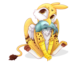 Size: 2107x1765 | Tagged: safe, artist:s.l.guinefort, imported from derpibooru, oc, oc only, oc:beaky, cheetah, fish, griffon, fanfic:yellow feathers, beak, carnivore, chest fluff, claws, digital art, feather, fluffy, griffon oc, griffons doing griffon things, male, paw pads, simple background, sitting, solo, solo male, white background