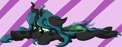 Size: 3000x1181 | Tagged: safe, artist:jubyskylines, imported from derpibooru, queen chrysalis, changeling, changeling queen, cute, cutealis, female, floppy ears, folded wings, lying down, prone, solo, three quarter view, wings