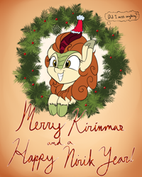 Size: 1600x2000 | Tagged: safe, artist:rocket-lawnchair, imported from derpibooru, autumn blaze, kirin, awwtumn blaze, christmas, christmas wreath, cute, female, hat, holiday, new year, santa hat, smiling, solo, sweet dreams fuel, thought bubble, wreath