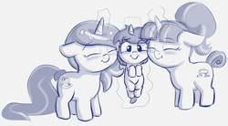 Size: 1356x746 | Tagged: safe, artist:heretichesh, imported from derpibooru, oc, oc:new, oc:zew, oc:zippi, pony, unicorn, female, filly, foal, hairband, happy, levitation, magic, magic aura, siblings, sisters, snuggling, tail wrap, telekinesis