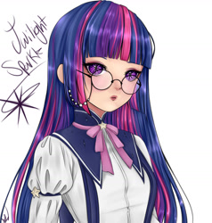 Size: 1280x1345 | Tagged: dead source, safe, artist:anykaudi, imported from derpibooru, twilight sparkle, human, anime style, female, glasses, humanized, simple background, solo, white background