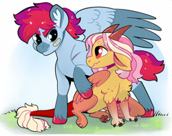 Size: 1024x805 | Tagged: safe, artist:loryska, imported from derpibooru, oc, oc:flash, oc:larkspur, draconequus, hybrid, pegasus, pony, colt, interspecies offspring, male, offspring, parent:discord, parent:fluttershy, parents:discoshy, two toned wings, wings