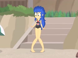 Size: 2816x2112 | Tagged: safe, artist:draymanor57, imported from derpibooru, part of a set, flash sentry, human, equestria girls, barefoot, clothes, feet, female, flare warden, flash sentry (female), looking down, male to female, one-piece swimsuit, rule 63, shocked, solo, swimsuit, teeth, transformation, transgender transformation