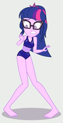 Size: 1437x2816 | Tagged: safe, alternate version, artist:draymanor57, imported from derpibooru, sci-twi, twilight sparkle, human, equestria girls, barefoot, belly button, clothes, feet, one-piece swimsuit, sci-twi swimsuit, sleeveless, solo, swimsuit, swimsuit edit, vector