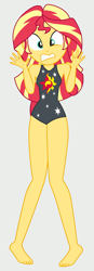 Size: 984x2816 | Tagged: safe, alternate version, artist:draymanor57, imported from derpibooru, sunset shimmer, human, equestria girls, barefoot, clothes, feet, one-piece swimsuit, shocked, sleeveless, solo, swimsuit, swimsuit edit, vector