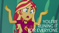 Size: 1920x1080 | Tagged: safe, edit, edited screencap, editor:quoterific, imported from derpibooru, screencap, sunset shimmer, equestria girls, spring breakdown, cruise outfit, misspelling