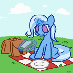 Size: 2500x2500 | Tagged: safe, artist:bilayer, artist:bilayer64, imported from derpibooru, trixie, pony, unicorn, bag, cute, eating, female, food, great and powerful, happy, lunch bag, magic, mare, no pupils, picnic blanket, plate, saddle bag, sandwich, solo, telekinesis