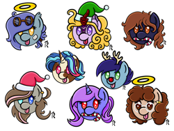 Size: 2000x1500 | Tagged: safe, artist:dawn-designs-art, imported from derpibooru, oc, oc:doodles, oc:dynasty, oc:fernando, oc:maz, oc:sandy shoals, oc:saucy socks, oc:steve, bat pony, earth pony, kirin, pegasus, pony, unicorn, :p, angel halo, candy, candy cane, chibi, christmas, commission, elf hat, food, halo, hat, holiday, oc unknown, santa hat, tongue out