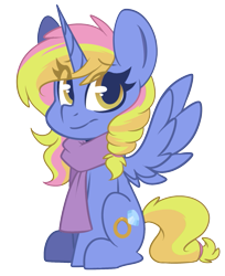 Size: 551x676 | Tagged: safe, artist:sakukitty, imported from derpibooru, oc, oc only, oc:platinum band, alicorn, pony, derpibooru community collaboration, 2021 community collab, alicorn oc, clothes, female, horn, mare, patreon, patreon reward, scarf, simple background, solo, solo female, transparent background, wings