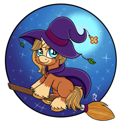 Size: 2000x2000 | Tagged: safe, artist:dawn-designs-art, imported from derpibooru, oc, oc only, oc:june bud, pony, unicorn, broom, commission, flying, flying broomstick, hat, nightmare night, solo, witch, witch hat