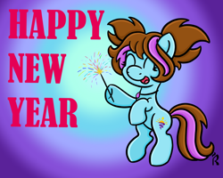 Size: 1000x800 | Tagged: safe, artist:dawn-designs-art, imported from derpibooru, amethyst star, sparkler, oc, oc only, oc:dawn, earth pony, pony, 2021, eyes closed, female, filly, happy, happy new year, holiday, solo, sparkler (firework)