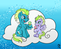 Size: 2500x2000 | Tagged: safe, artist:dawn-designs-art, imported from derpibooru, oc, oc:freefall, oc:swiftwings, pegasus, pony, abstract background, cloud, commission, cute, father and child, father and daughter, female, filly, food, happy, ice cream, male, stallion