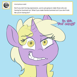 Size: 750x750 | Tagged: safe, artist:jitterbugjive, imported from derpibooru, dinky hooves, pony, unicorn, lovestruck derpy, blue background, crazy face, cute, dinkabetes, faic, female, filly, forced smile, insanity, messy mane, simple background, smiling, solo