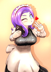 Size: 2508x3541 | Tagged: safe, artist:sigpi, imported from derpibooru, rarity, human, big breasts, blushing, breasts, busty rarity, cellphone, clothes, duckface, female, floating heart, heart, humanized, maid, one eye closed, outfit, peace sign, phone, selfie, solo, wink