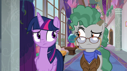 Size: 1920x1080 | Tagged: safe, imported from derpibooru, screencap, professor fossil, twilight sparkle, alicorn, earth pony, pony, a rockhoof and a hard place, bags under eyes, clothes, female, folded wings, frown, glasses, globe, looking at each other, mare, raised eyebrow, scarf, twilight sparkle (alicorn)