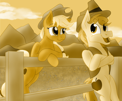 Size: 2400x1997 | Tagged: safe, artist:sixes&sevens, imported from derpibooru, applejack, braeburn, earth pony, applejack's hat, braeburn's hat, cousins, cowboy hat, crossed hooves, desert, fence, freckles, hat, leaning, leaning on fence, monochrome, mountain, mountain range