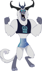 Size: 1131x1920 | Tagged: safe, artist:tentapone, imported from derpibooru, storm king, yeti, my little pony: the movie, antagonist, chest fluff, claws, clenched fist, clothes, crown, eyebrows, fangs, flexing, horns, jewelry, male, missing accessory, no armor, open mouth, raised arm, regalia, shorts, simple background, smiling, solo, sparkles, tail, tanktop, tight clothing, transparent background, vector, workout, workout outfit, zumba