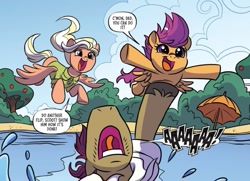 Size: 1141x824 | Tagged: safe, artist:nanook123, idw, imported from derpibooru, mane allgood, scootaloo, snap shutter, pegasus, pony, spoiler:comic, spoiler:comic93, scootaloo can't fly, season 10, waterskiing