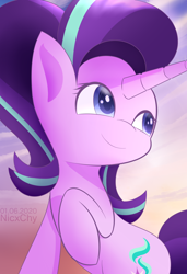 Size: 1750x2560 | Tagged: safe, artist:nicxchy, imported from derpibooru, starlight glimmer, pony, unicorn, cute, female, glimmerbetes, high res, looking up, mare, raised hoof, smiling, solo