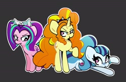 Size: 2500x1632 | Tagged: safe, artist:kindakismet, imported from derpibooru, adagio dazzle, aria blaze, sonata dusk, earth pony, pony, siren, unicorn, equestria girls, curly mane, cute, hairband, long mane, pigtails, ponified, ponytail, silly, sonatabetes, the dazzlings