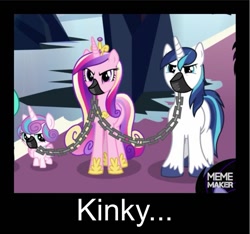 Size: 881x825 | Tagged: safe, edit, edited screencap, imported from derpibooru, screencap, princess cadance, princess flurry heart, shining armor, the beginning of the end, chains, gag, meme, meme maker, muzzle gag