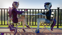 Size: 3840x2160 | Tagged: safe, artist:shadowboltsfm, imported from derpibooru, oc, oc:maple cake, oc:shimmering spectacle, alicorn, anthro, plantigrade anthro, 3d, 4k, blender, clothes, coat markings, cottagecore, cupcake, cute, dress, duo, duo female, facial markings, feet, female, food, high heels, kenaga's birthday, looking at each other, magical lesbian spawn, magical threesome spawn, nail polish, not sfm, offspring, open-toed shoes, shoes, shorts, sitting, smiling, socks (coat markings), star (coat marking), table, toenail polish, wedge heel