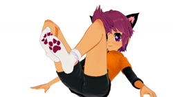 Size: 1280x720 | Tagged: safe, artist:legions20, imported from derpibooru, scootaloo, equestria girls, 3d, cat ears, cat socks, clothes, cute, cutealoo, feet, happy, heart eyes, hoodie, koikatsu, mmd, paw pads, paw socks, shorts, socks, stocking feet, wingding eyes