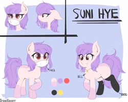 Size: 3500x2800 | Tagged: safe, artist:drawalaverr, imported from derpibooru, oc, oc only, oc:suni hye, earth pony, pony, bell, clothes, expressions, female, jewelry, mare, mask, necklace, quadrupedal, reference, reference sheet, simple background, smiling, socks, solo