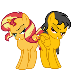 Size: 1266x1239 | Tagged: safe, artist:gmaplay, imported from derpibooru, sunset shimmer, oc, oc:saint rider, pegasus, pony, unicorn, butt, butt bump, butt to butt, butt touch, flank, hip, rule 63, simple background, transparent background