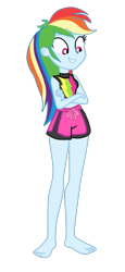 Size: 763x1656 | Tagged: safe, alternate version, artist:gmaplay, imported from derpibooru, rainbow dash, equestria girls, barefoot, clothes, crossed arms, feet, hatless, looking down, missing accessory, simple background, solo, swimsuit, transparent background, vector