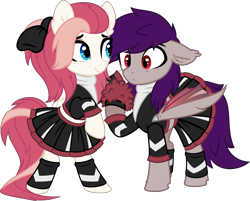 Size: 7995x6413 | Tagged: safe, artist:aureai, imported from derpibooru, oc, oc only, oc:aureai, oc:coldfire (bat pony), bat pony, pegasus, pony, absurd resolution, bow, cheerleader, cheerleader outfit, clothes, confused, crossdressing, female, folded wings, hair over one eye, happy, looking at someone, male, mare, pom pom, ponytail, raised eyebrow, raised hoof, simple background, smiling, stallion, standing, transparent background, transparent wings, vector, wings