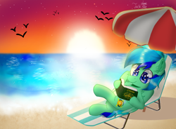 Size: 1750x1289 | Tagged: safe, artist:jadebreeze115, imported from derpibooru, oc, oc only, oc:jade breeze, pegasus, pony, beach, blue eyes, blue hair, book, lying down, reading, reference to another series, solo, sunset