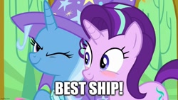 Size: 1109x624 | Tagged: safe, edit, edited screencap, imported from derpibooru, screencap, starlight glimmer, trixie, no second prances, caption, female, image macro, lesbian, one eye closed, shipping, startrix, text, wink