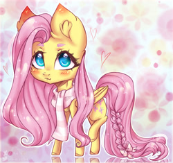 Size: 2445x2300 | Tagged: safe, artist:zefirka, imported from derpibooru, fluttershy, pegasus, pony, :t, abstract background, blushing, bow, braid, clothes, cute, ear fluff, female, folded wings, high res, looking at you, mare, raised leg, scarf, shyabetes, solo, standing, tail bow, three quarter view, wings