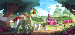 Size: 3000x1409 | Tagged: safe, artist:redchetgreen, imported from derpibooru, imported from ponybooru, oc, oc only, earth pony, pegasus, pony, apple, apple tree, barn, butt, chicken coop, cloven hooves, cutie mark, dirt, farm, fence, grass, high res, looking ahead, male, mountain, multicolored hair, pale belly, pegasus oc, plot, rainbow hair, scenery, smiling, solo, sweet apple acres, tree, unshorn fetlocks, walking, wings