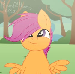 Size: 1080x1064 | Tagged: safe, artist:princessesmeraldaofficial, imported from derpibooru, scootaloo, pegasus, pony, bust, cute, cutealoo, female, filly, outdoors, signature, smiling, solo, tree