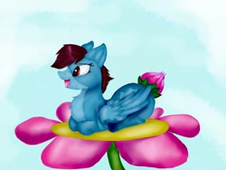 Size: 1080x810 | Tagged: safe, artist:rxndxm.artist, imported from derpibooru, oc, oc only, original species, plant pony, pony, augmented tail, flower, lying down, micro, open mouth, plant, prone, smiling, solo