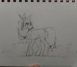 Size: 448x390 | Tagged: safe, artist:rxndxm.artist, imported from derpibooru, oc, oc only, pony, unicorn, choker, horn, lineart, monochrome, solo, traditional art, unicorn oc