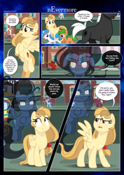 Size: 3259x4607 | Tagged: safe, artist:estories, imported from derpibooru, beaude mane, millie, oc, oc only, oc:alice goldenfeather, oc:curly mane, oc:möbius, oc:penumbra, oc:slide fortissimo, earth pony, pegasus, pony, unicorn, comic:nevermore, comic, horn, pegasus oc, speech bubble, unicorn oc, wings