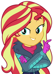 Size: 2028x2856 | Tagged: safe, artist:sketchmcreations, imported from derpibooru, sunset shimmer, equestria girls, equestria girls series, holidays unwrapped, spoiler:eqg series (season 2), clothes, coat, crossed arms, female, gloves, raised arm, raised eyebrow, simple background, smiling, solo, transparent background, vector, winter break-in, winter outfit