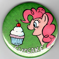 Size: 451x451 | Tagged: safe, artist:hollyann, imported from derpibooru, pinkie pie, earth pony, pony, badge, bust, cupcake, female, food, mare, open mouth, smiling, solo, traditional art