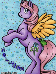 Size: 374x498 | Tagged: safe, artist:hollyann, imported from derpibooru, oc, oc only, alicorn, pony, abstract background, alicorn oc, bow, female, flower, horn, mare, rearing, rose, signature, smiling, solo, tail bow, traditional art, wings