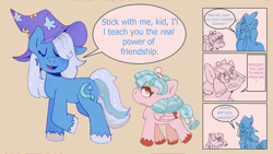 Size: 1920x1080 | Tagged: safe, artist:ufemmeo, imported from derpibooru, cozy glow, trixie, pegasus, pony, unicorn, a better ending for cozy, comic, dialogue, duo, duo female, eyeroll, eyes closed, female, good end, speech bubble, weather boy