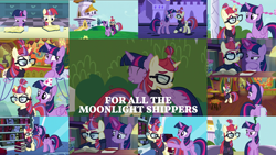 Size: 1974x1111 | Tagged: safe, edit, edited screencap, editor:quoterific, imported from derpibooru, screencap, moondancer, twilight sparkle, alicorn, pony, unicorn, amending fences, the point of no return, bag, book, bookshelf, clothes, crying, female, filly, filly moondancer, filly twilight sparkle, glasses, glowing horn, hat, hoof on chest, horn, hug, lesbian, magic, magic aura, moondancer is not amused, open mouth, party hat, quill, saddle bag, shipping, sweater, the tasty treat, twidancer, twilight sparkle (alicorn), twilight's canterlot home, unamused, unicorn twilight, younger