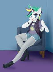 Size: 1279x1716 | Tagged: safe, artist:sixes&sevens, imported from derpibooru, rarity, anthro, unicorn, alternate hairstyle, boots, chair, choker, clothes, female, fishnets, high heel boots, punk, raripunk, shoes, sitting, solo, solo female