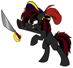 Size: 4389x4086 | Tagged: safe, artist:adilord, imported from derpibooru, oc, oc only, oc:yashn, pony, unicorn, bipedal, ear piercing, gold tooth, grin, hat, magic, male, piercing, pirate, pirate hat, raised hoof, simple background, smiling, solo, stallion, sword, telekinesis, transparent background, weapon