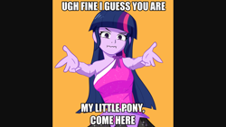 Size: 1366x768 | Tagged: safe, artist:@cameron, artist:artiks, edit, imported from derpibooru, twilight sparkle, equestria girls, caption, disgruntled, female, image macro, impact font, looking at you, meme, my little pogchamp, ponified meme, rainbow rocks outfit, simple background, solo, text