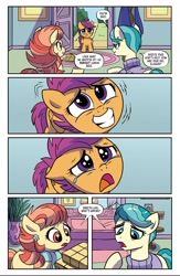 Size: 1080x1661 | Tagged: safe, imported from derpibooru, screencap, aunt holiday, auntie lofty, scootaloo, earth pony, pegasus, pony, spoiler:comic, spoiler:comic93, about to cry, crying, grin, nervous, nervous grin, open mouth, sad, shivering, smiling