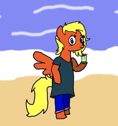 Size: 650x694 | Tagged: safe, artist:whistle blossom, imported from derpibooru, oc, oc only, oc:whistle blossom, pegasus, semi-anthro, beach, cute, drink, female, holding, mare, ocbetes, smiling at you, water