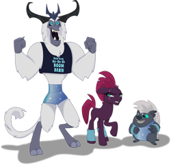 Size: 1280x1235 | Tagged: safe, artist:tentapone, imported from derpibooru, grubber, storm king, tempest shadow, hedgehog, pony, unicorn, yeti, my little pony: the movie, annoyed, antagonist, broken horn, chest fluff, claws, clenched fist, clothes, crown, cute, eyebrows, fangs, female, flexing, floppy ears, frown, horn, horns, jewelry, leg warmers, leotard, male, mare, missing accessory, missing cutie mark, no armor, open mouth, raised arm, raised hoof, regalia, scar, shadow, shorts, simple background, smiling, sparkles, tail, tanktop, tight clothing, transparent background, trio, vector, workout, workout outfit, wristband, zumba